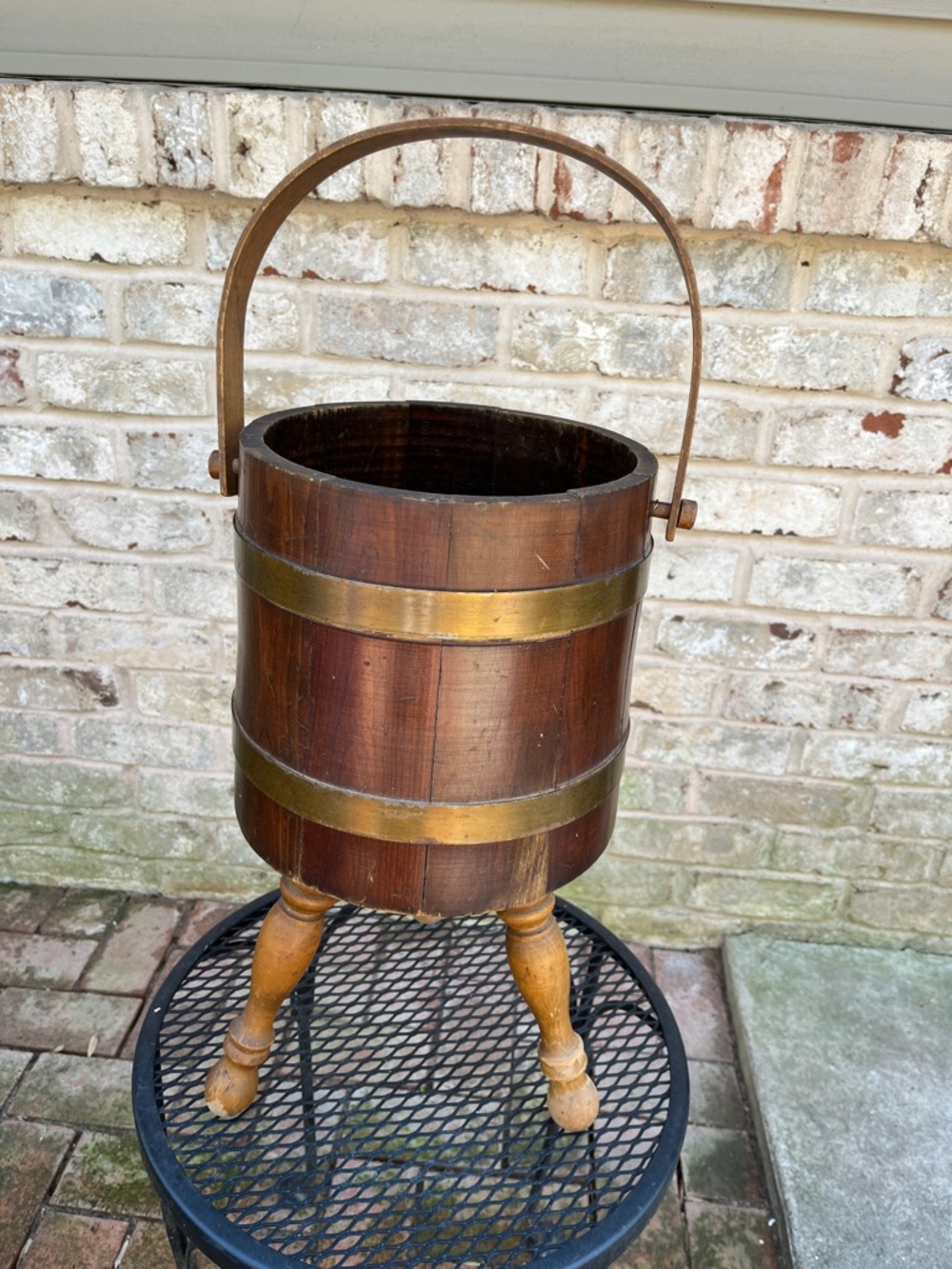 Vintage MCM Wood and brass Barrel Bucket Plant Stand W/ Tripod Wooden Legs 19”